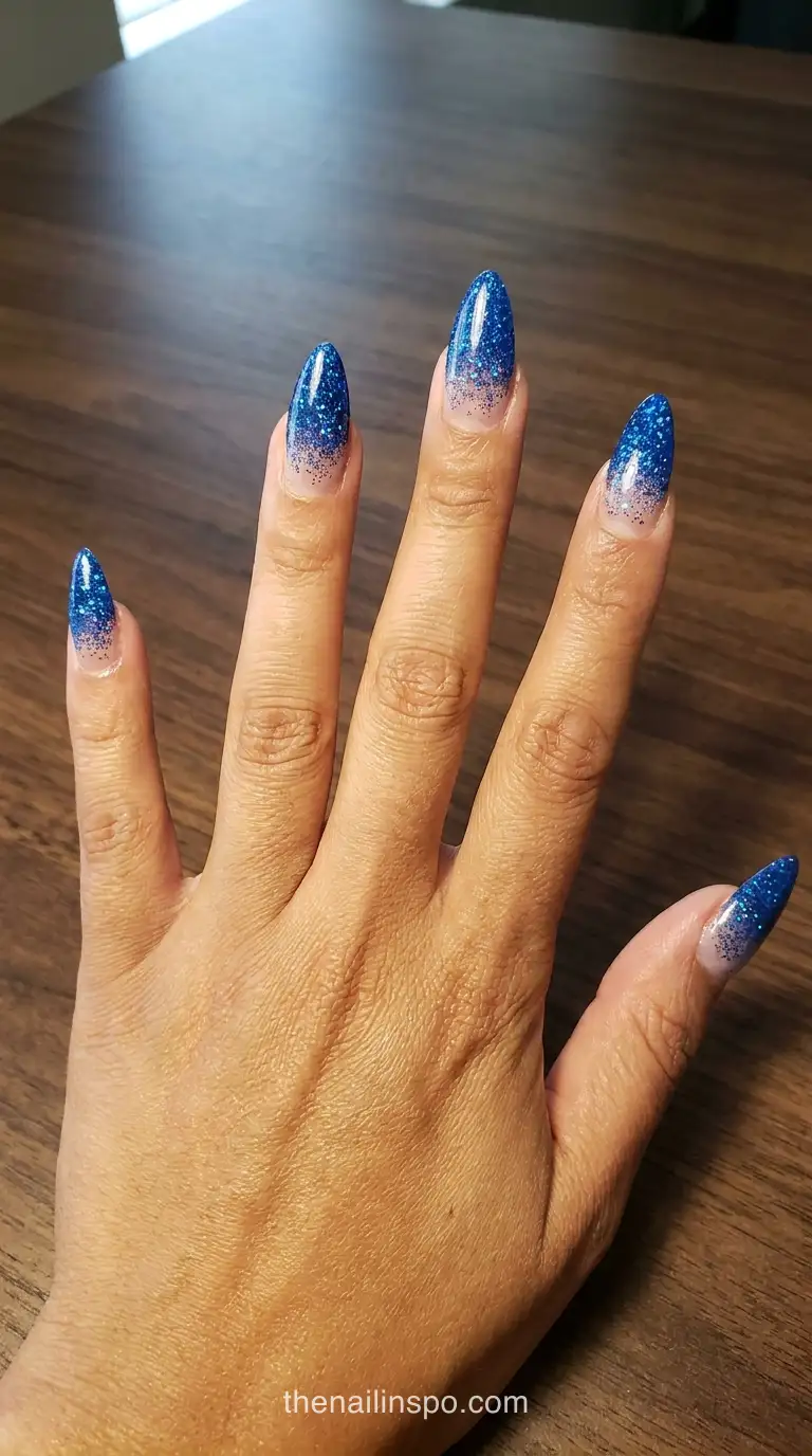 Cobalt Glitter Stiletto Nails