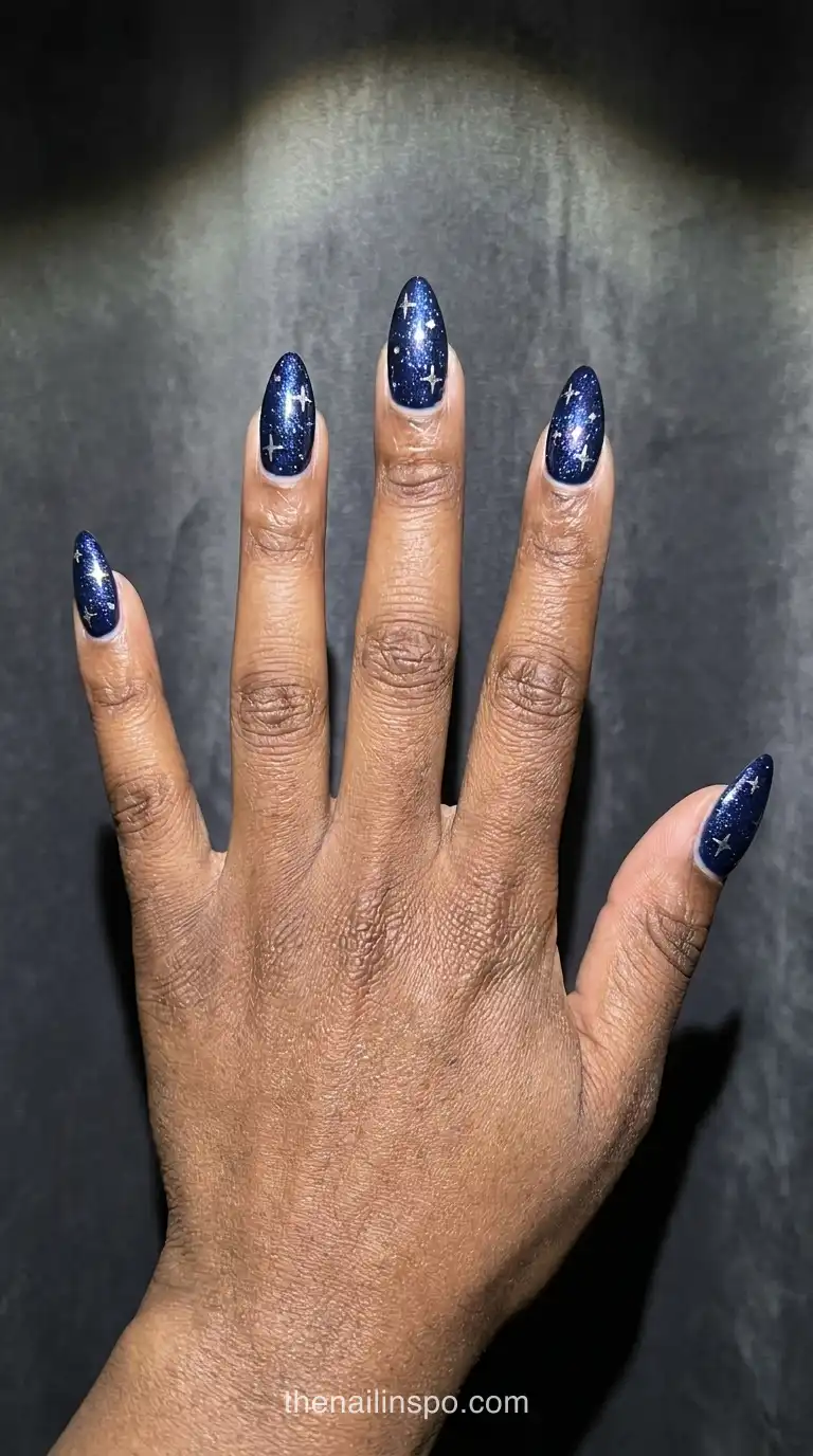Navy Galaxy Glitter Stiletto Nails