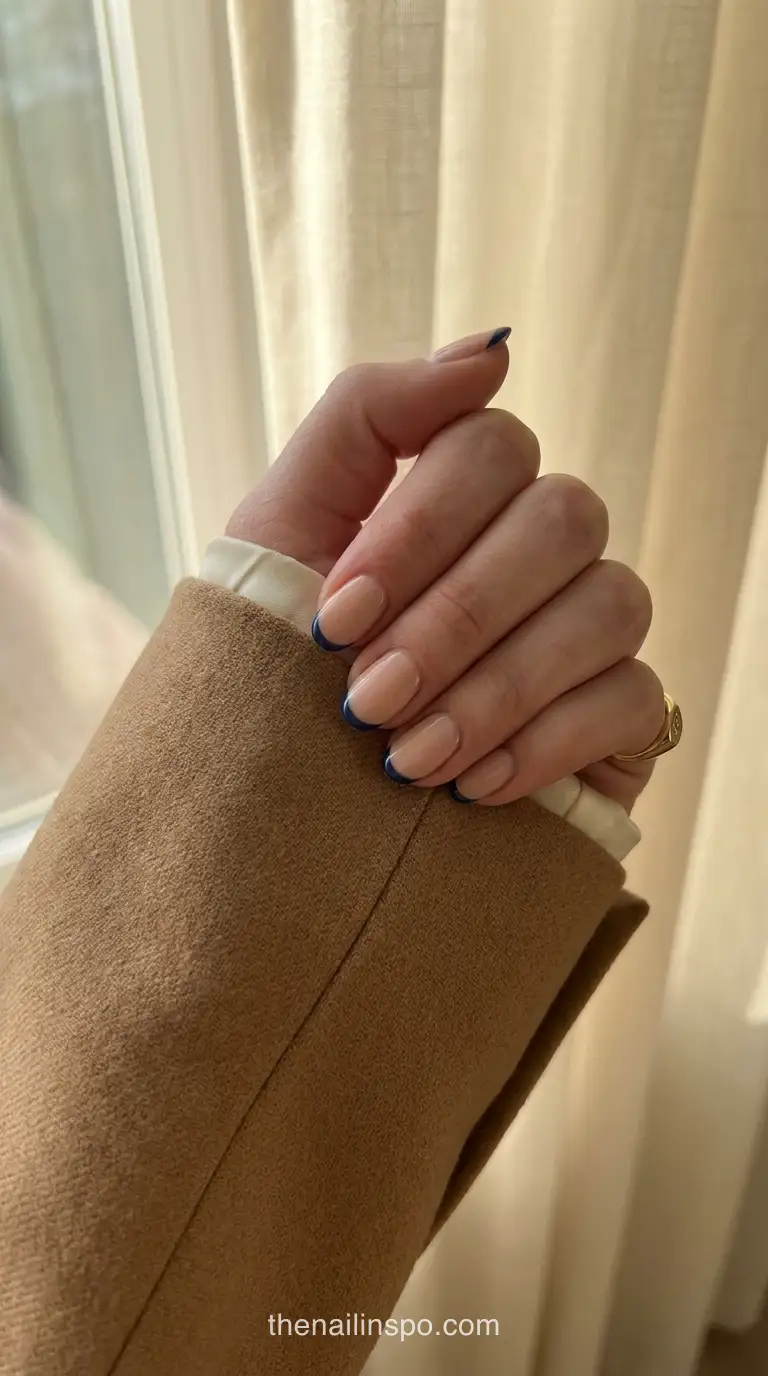 Navy Micro French Nails Interview Outfit