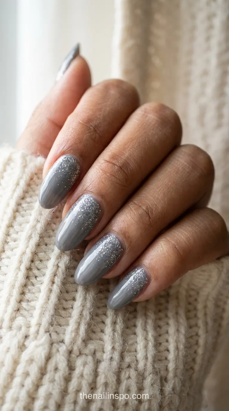 Pewter Glitter Oval Nails